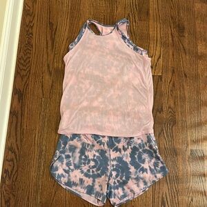 Athleta girl, XXL tank and short set EUC worn once pink/purple tie dye